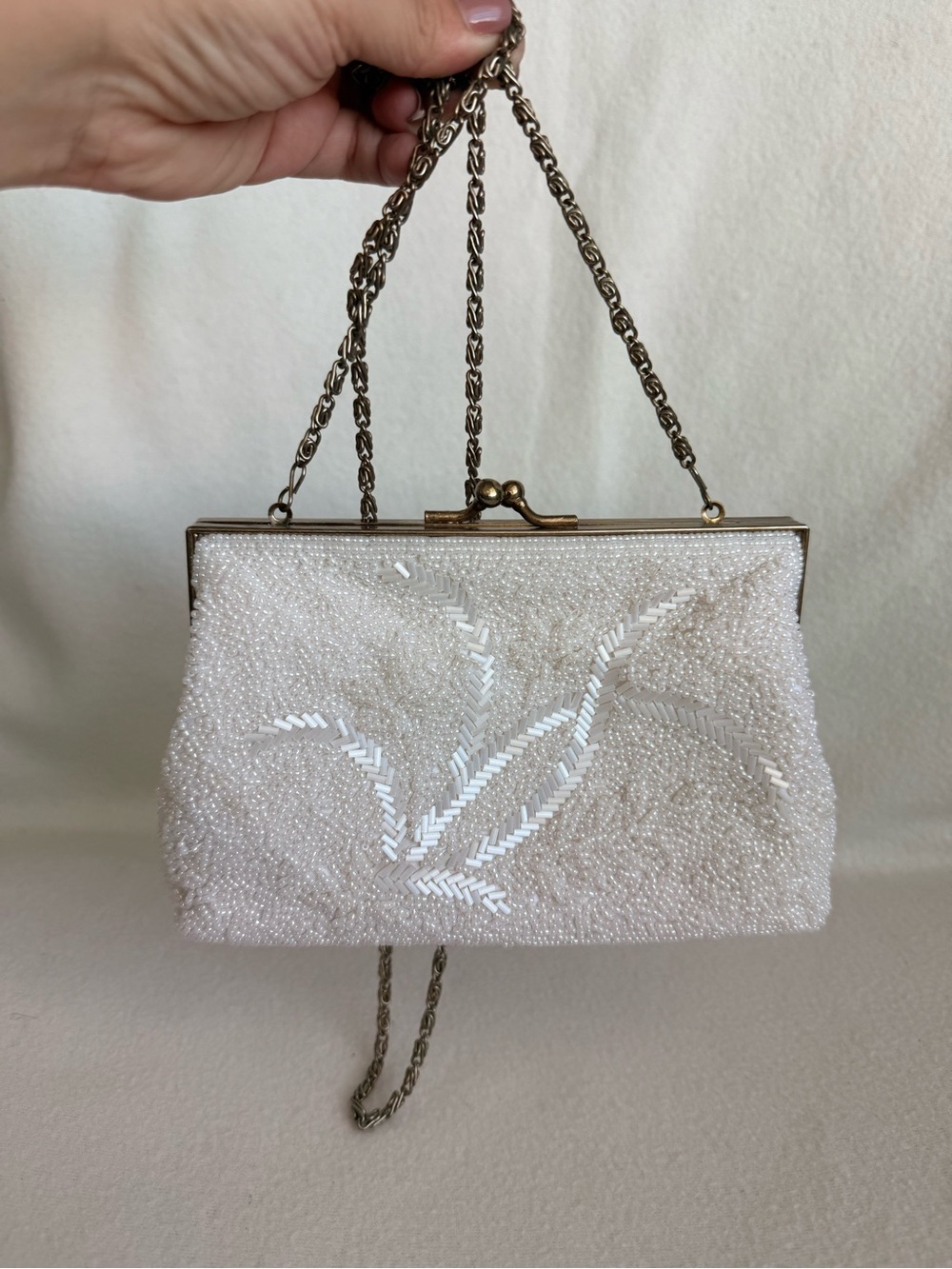 Ivory Beaded Evening Clutch with Chain Strap